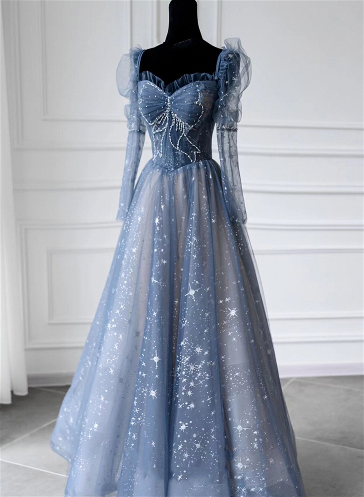 Blue Shiny Tulle Short Sleeves Long Formal Dress, Blue A-line Prom Dress