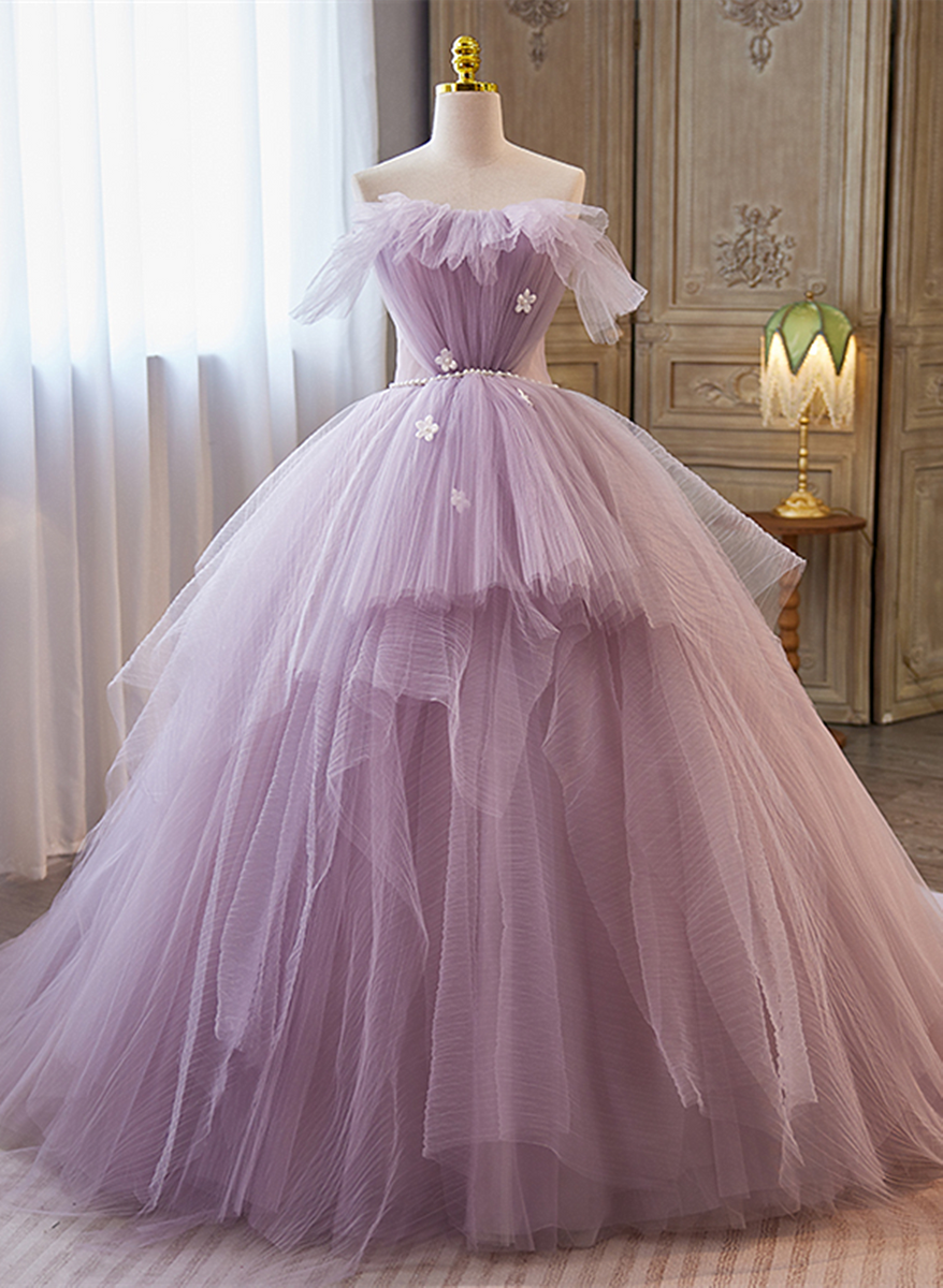 Light Purple Tulle Ball Gown Long Sweet 16 Dress, Off Shoulder Light P ...