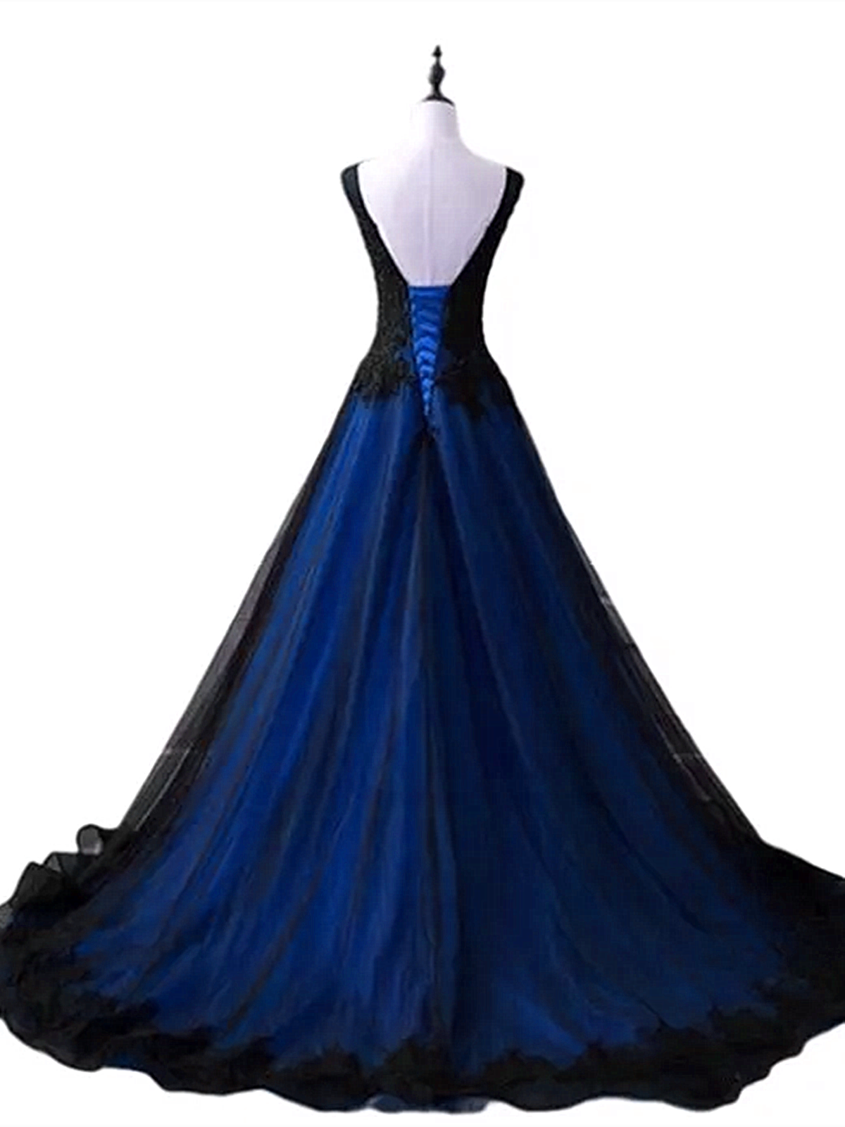 Black and Blue V-neckline Lace Applique Long Formal Dress, Black and B