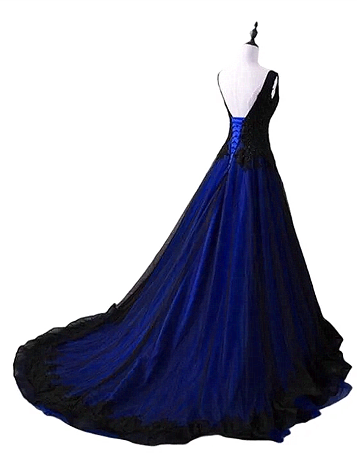 Black and Blue V-neckline Lace Applique Long Formal Dress, Black and B