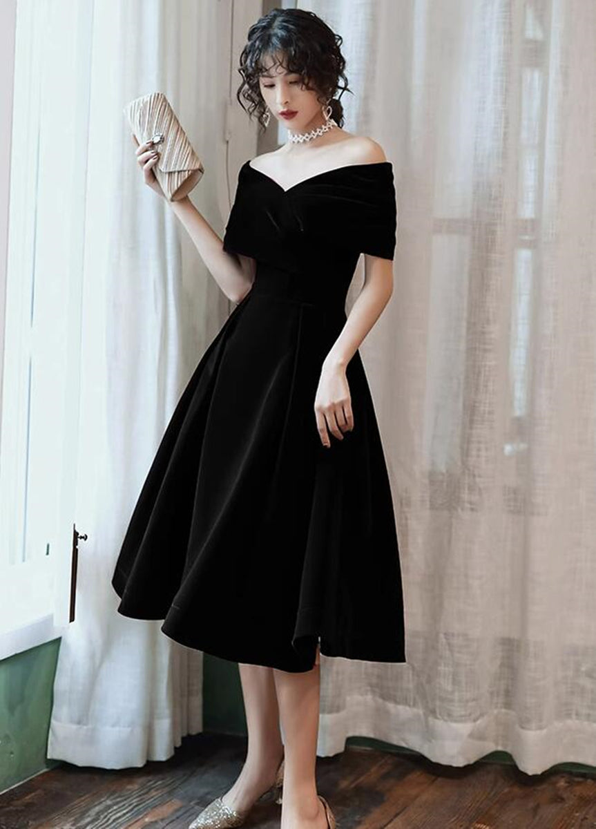 Black Velvet Short Party Dress Homecoming Dress, Black Velvet Off Shoulder Prom Dress