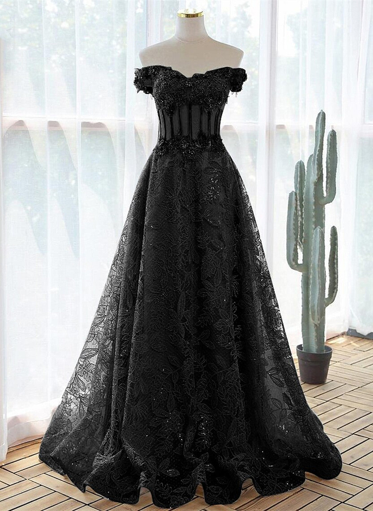off the shoulder black lace prom dress Charming Black Lace Off Shoulder Front Slit A-line Prom Dresses.PD0026 AlineBridal