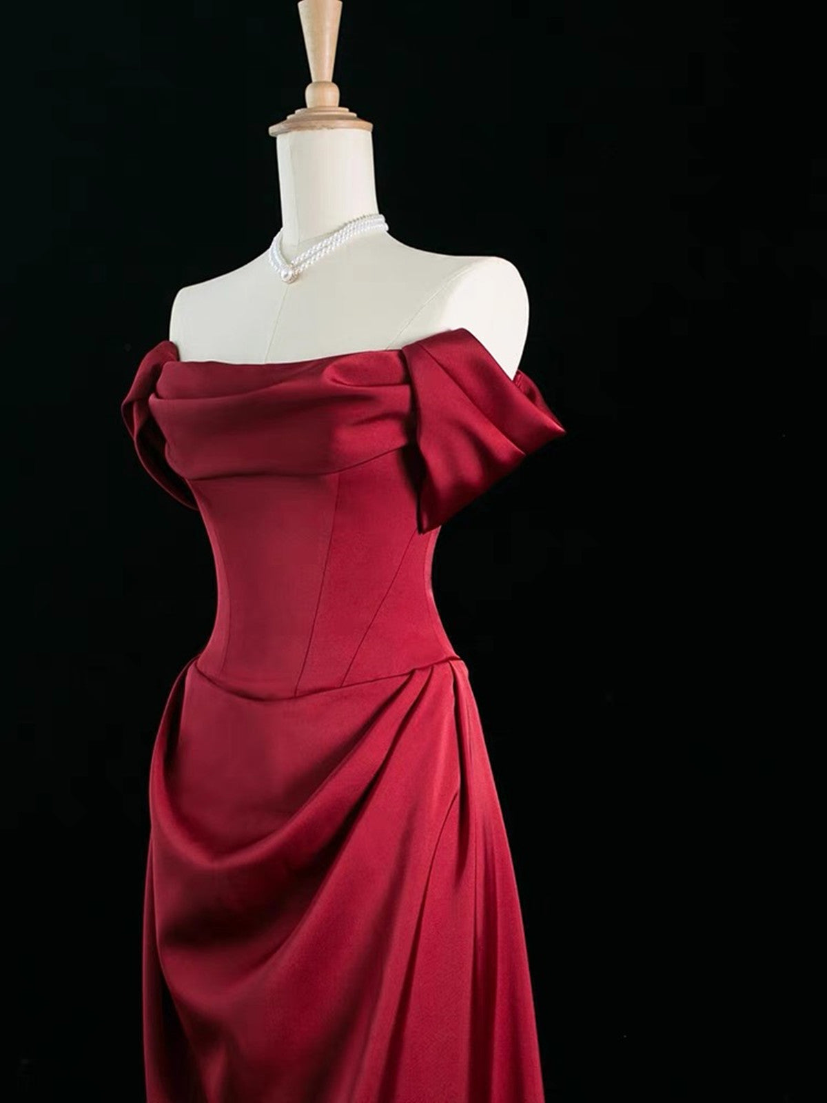 Red High Neck Long Sleeves Satin Long Formal Party Dress, DP3708