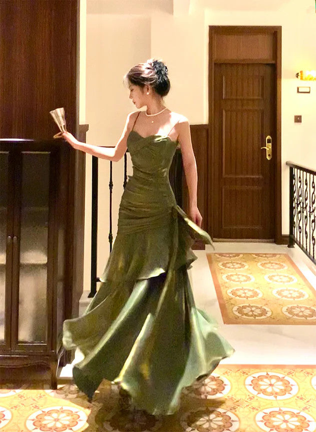 Green Satin Mermaid Gown, Beautiful Spaghetti Strap Evening Formal Dress US 14 / Custom Color