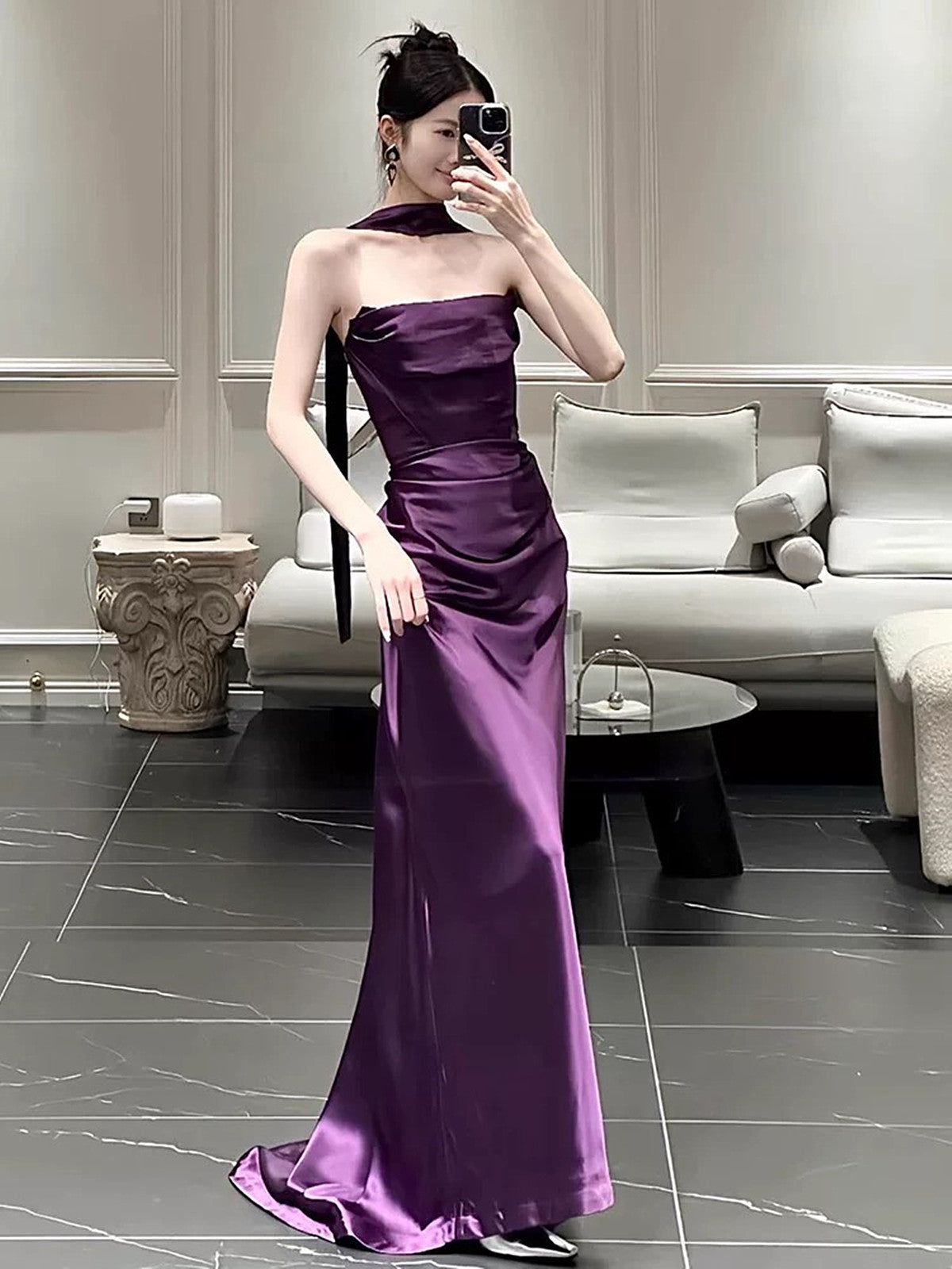 Purple Soft Satin Strapless Long Party Dress Prom Dress, Purple Satin Scoop Evening Dress US 10 / Purple