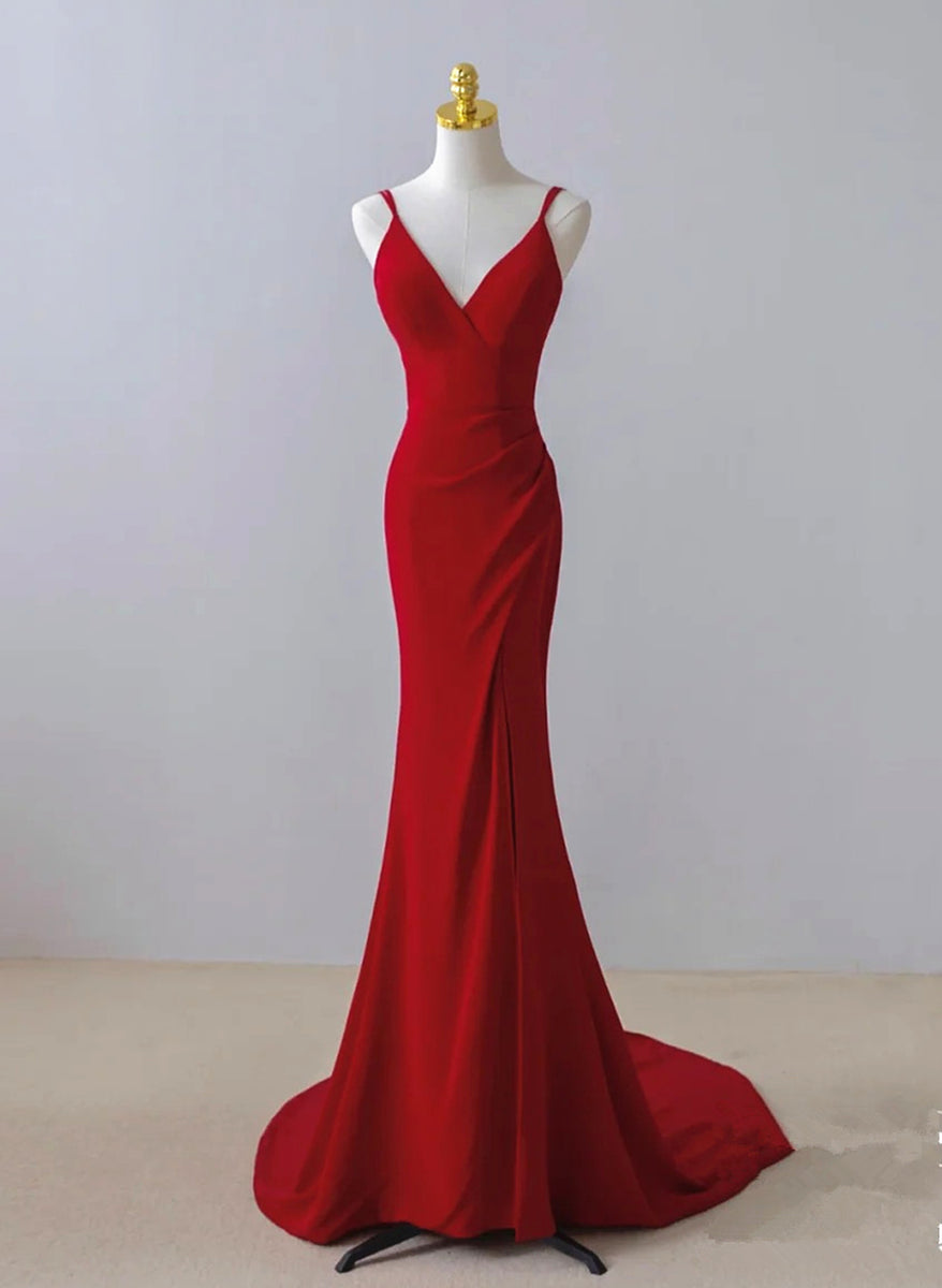 Pretty Red Mermaid Straps Long Evening Dress with Leg Slit, Red Prom D ...