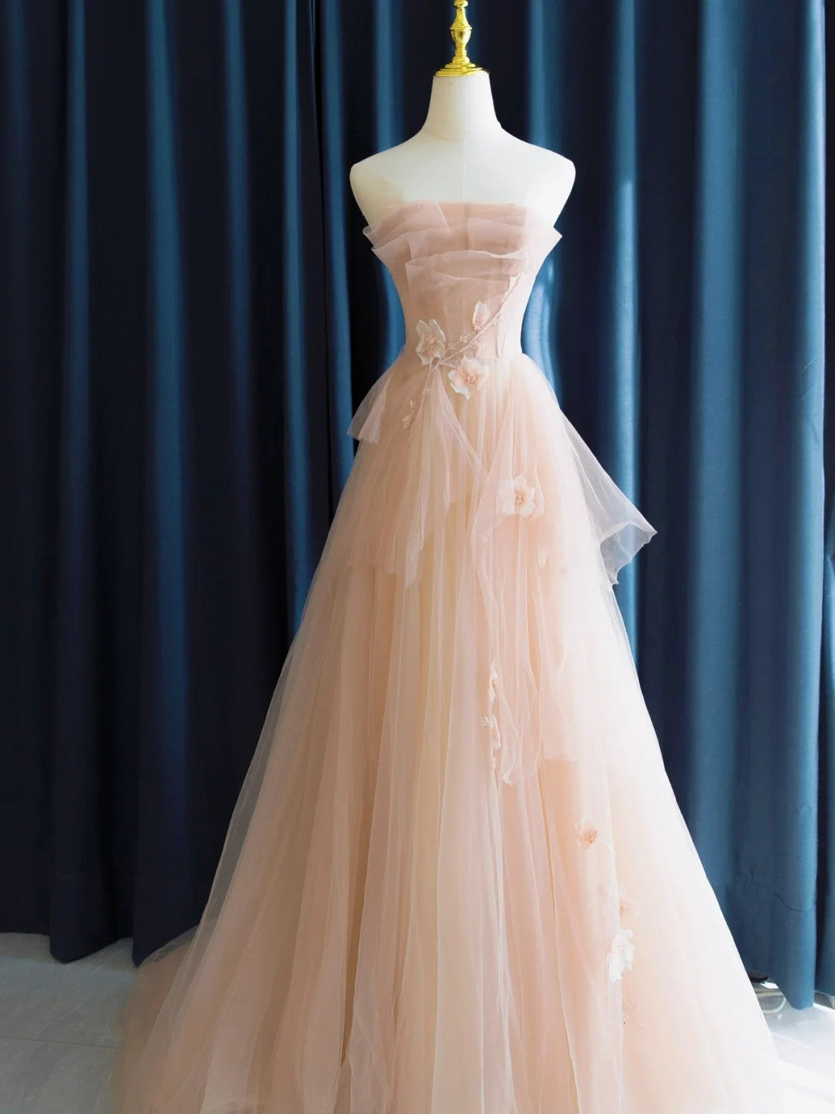 Pink Tulle Long Formal Dress with Flowers, Pink Tulle Prom Dress US size 2 / Pink