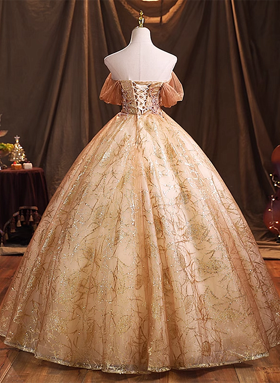 Gold Tulle with Beaded Long Sweet 16 Dress, Ball Gown Formal Dress Par