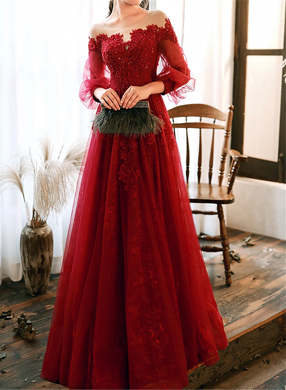 Wine Red Prom Dress Lace Evening Dress Party Dress, A-line Wine Red Fo –  BeautyDressy