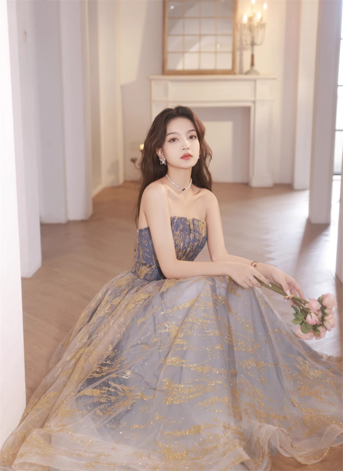 Blue Gradient Off Shoulder Straps Tulle Floor Length Party Dress, Blue A-line Bridesmaid Dress