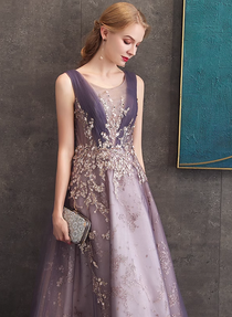 Beautiful Purple Tulle A-line Party Dress, Long Bridesmaid Dress