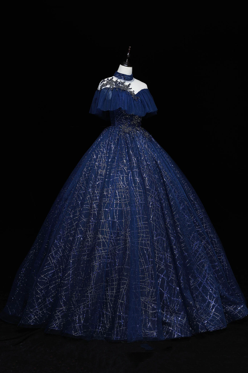 2989 Navy Blue Lace Tulle Dress