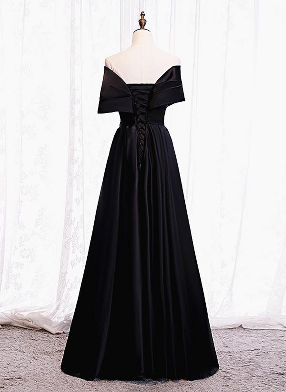 A-line Black Satin Sweetheart Halter Prom Dress, Black Simple Long Party Dress Formal Dress