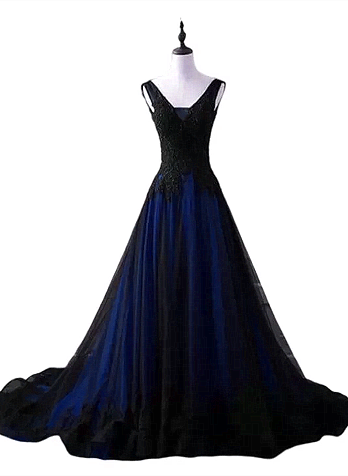 Black and Blue V-neckline Lace Applique Long Formal Dress, Black and B