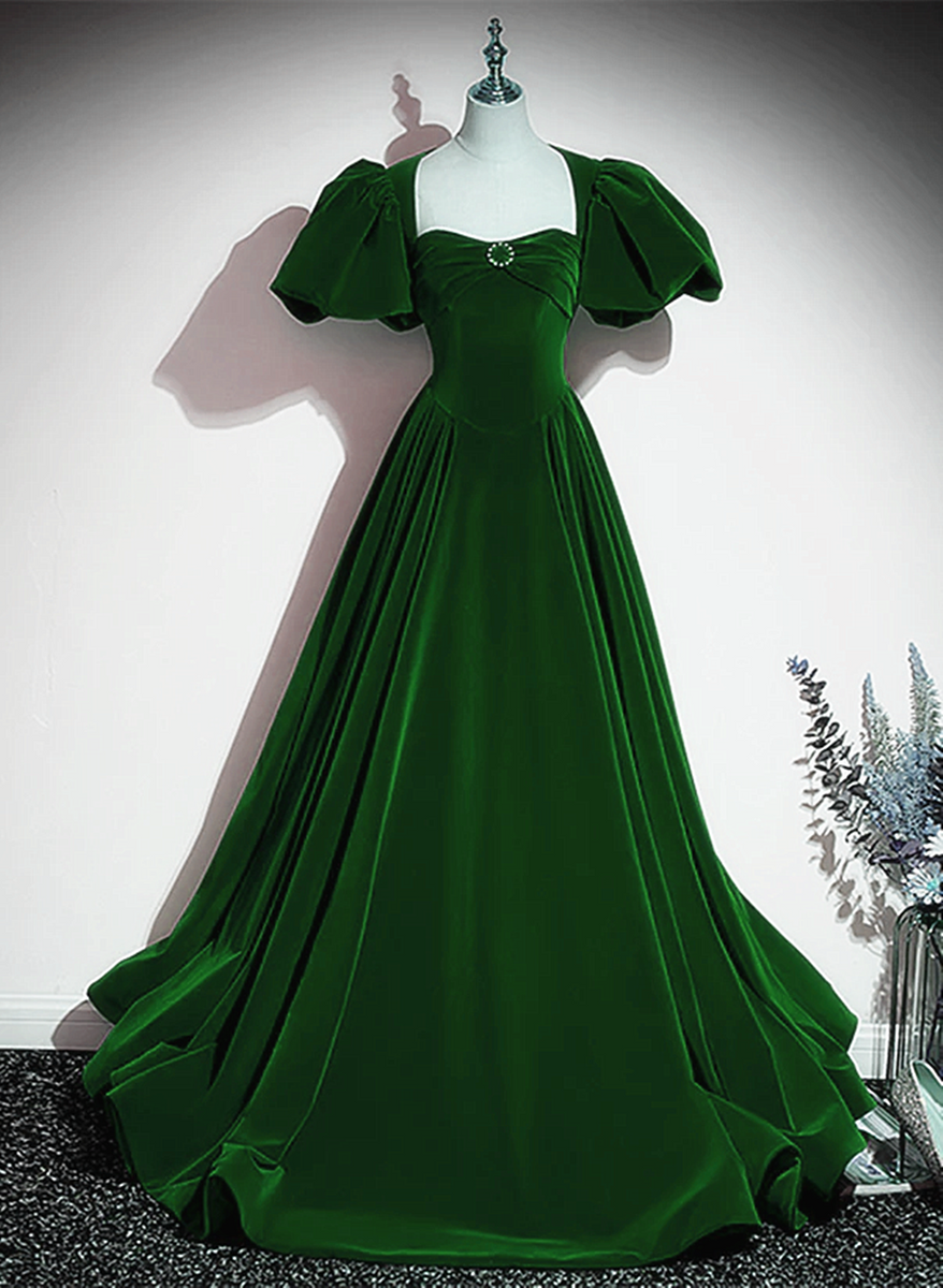 Green Velvet Backless Long Party Dress, Green Short Sleeves Formal Dre