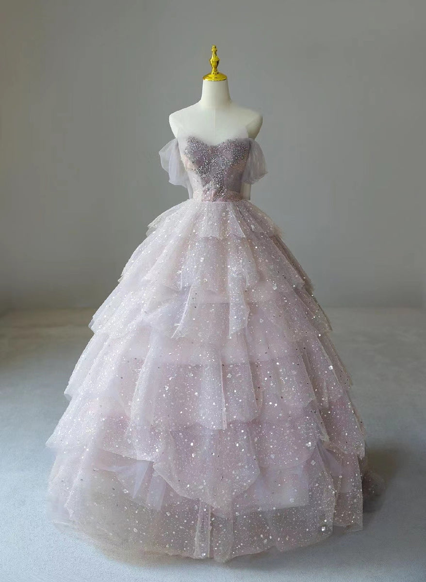 Charming Pink Tulle Lace Beaded Ball Gonn Long Birthady Evening Dress