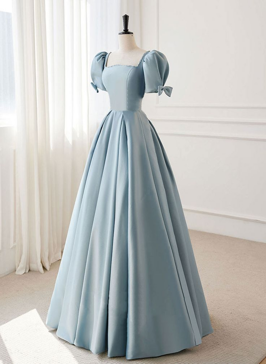 A-line Blue Satin Short Sleevs Long Formal Dress, Blue Simple Floor Le
