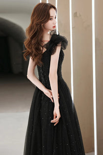 Black Shiny Tulle Sweetheart with Lace Straps Long Party Dress, Black Formal Dress Y1482 main image 1