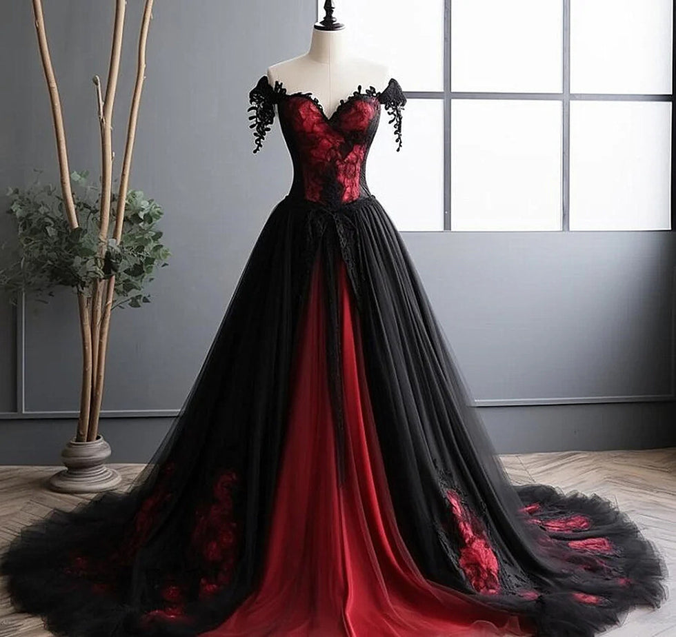 Black and Red Lace Tulle Off Shoulder Prom Dress, Black and Red Formal