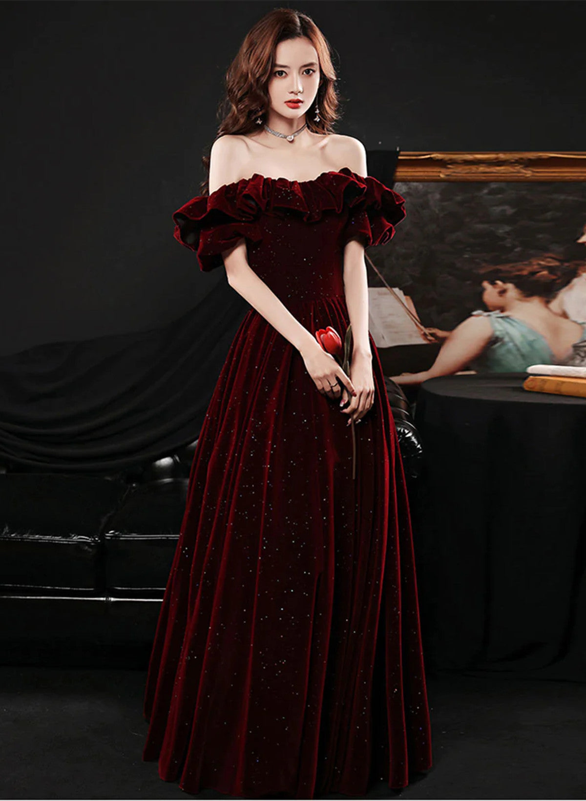 red velvet off the shoulder prom dress Off Shoulder Wine Red Velvet A-line Party Dress, Wine Red Prom Dress US size 6 / Custom Color