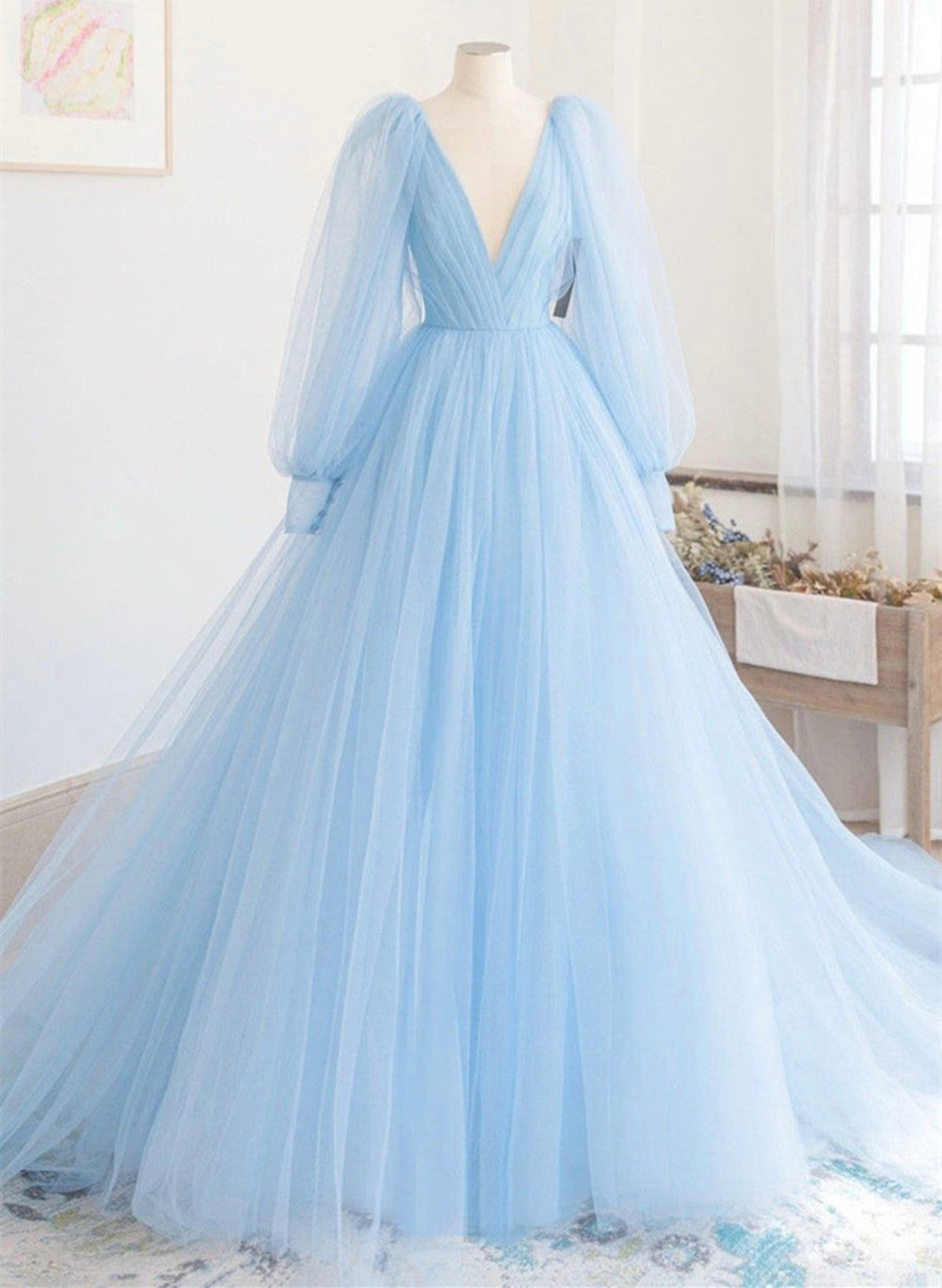 Light Blue Puffy Sleeves Long Formal Dress, Light Blue Tulle Prom Dress US size 26W / Custom Color