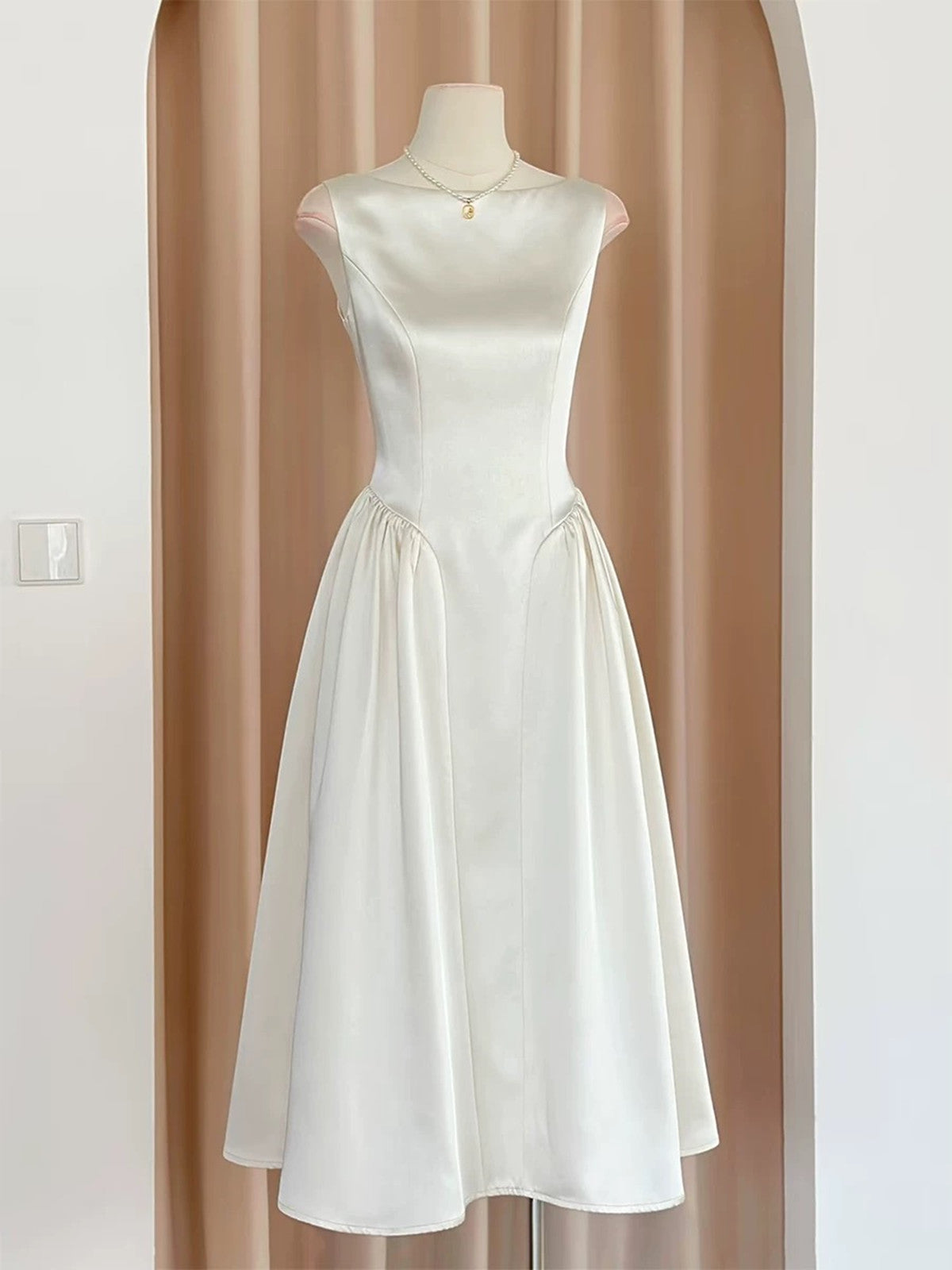 white satin tea length dress A-Line Satin Tea Length Little White Dress COCOMELODY CW3379, 20 Days / Ivory / US6-UK8-EUR36