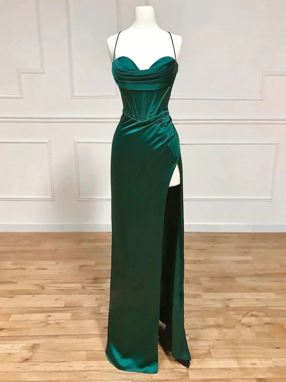 Green Satin Cross Back Floor Length Party Dress with Slit, Green Prom Dress Evening Dress US 14 / Custom Color