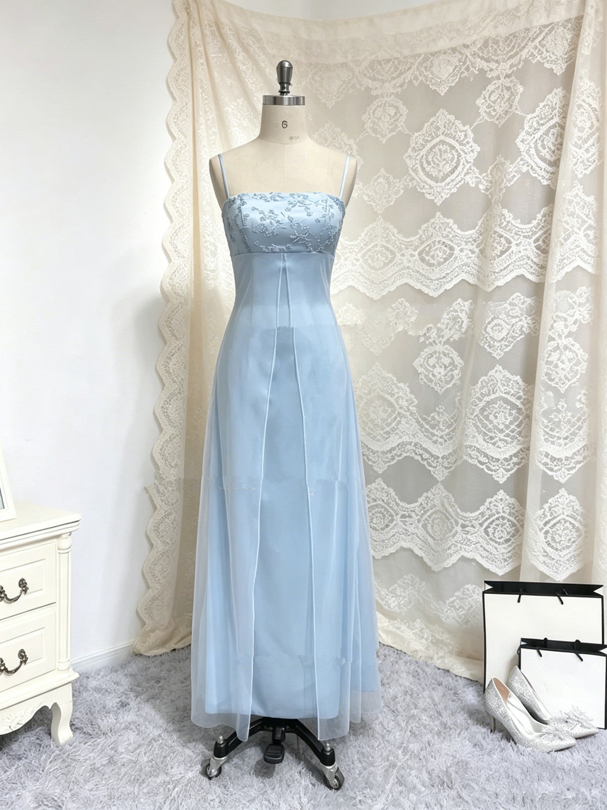 A-line Light Blue Straps Square Neck Long Party Dress Prom Dress, Light Blue Low Back Evening Dress US 14 / Light Blue