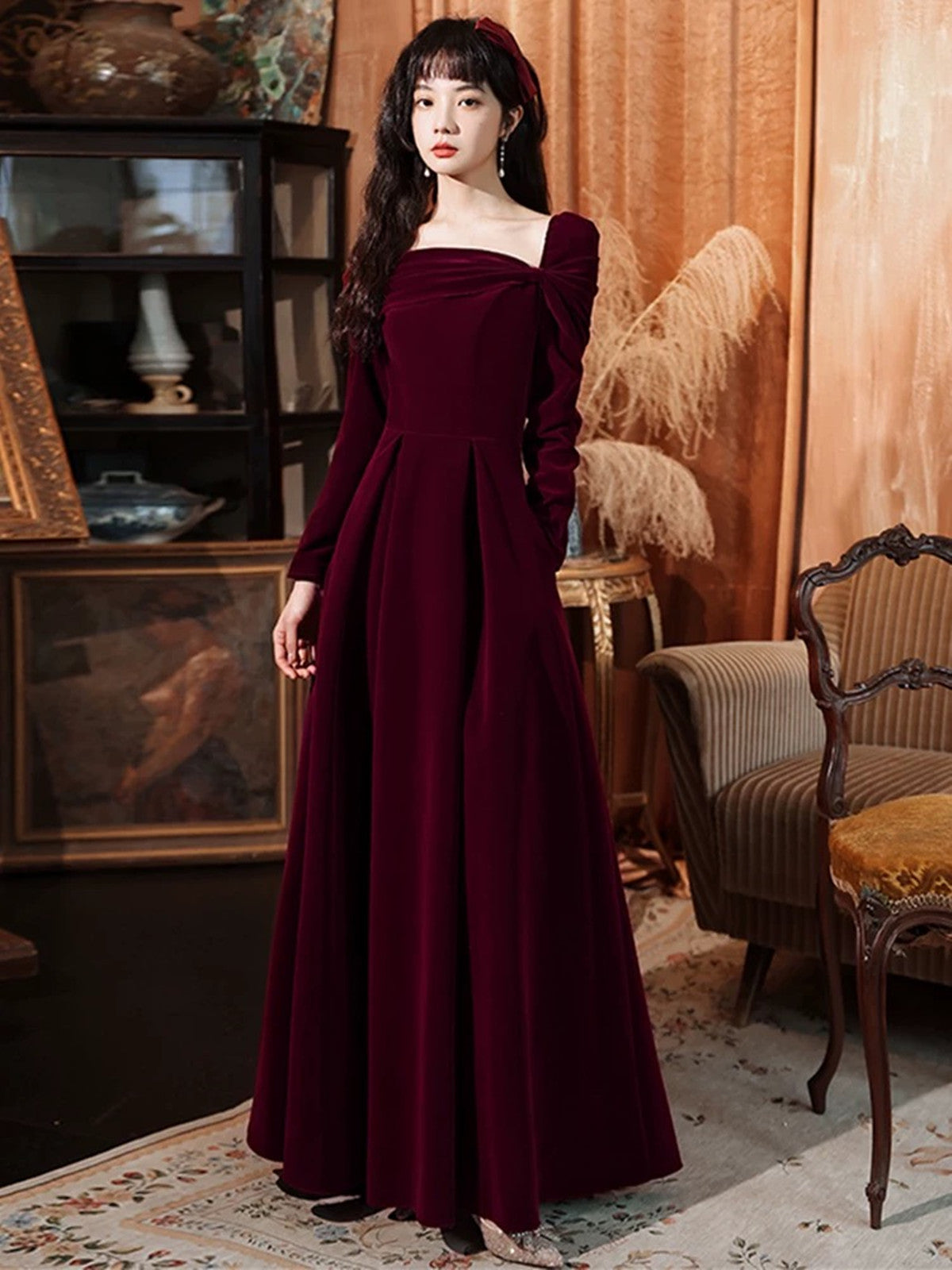 Wine Red Long Sleeves Velvet Wedding Party Dress, A-line Long Prom Dre –  BeautyDressy