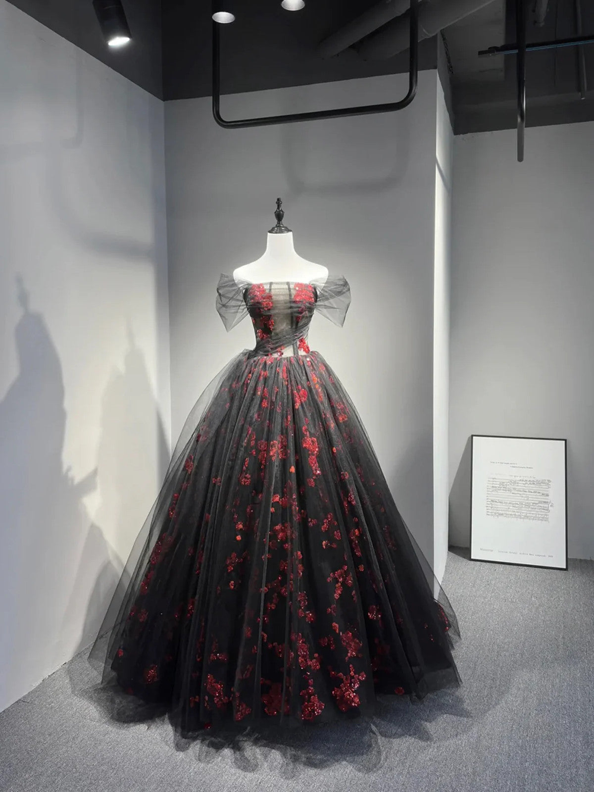 A-line Off Shoulder Tulle Black and Red Formal Dress, Floral Black and Red Party Dress US 18W / Custom Color