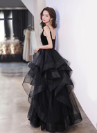 Tulle V-neckline Straps Beaded Low Back Long Formal Dress Tulle Prom Dress prom dresses shops main image 0