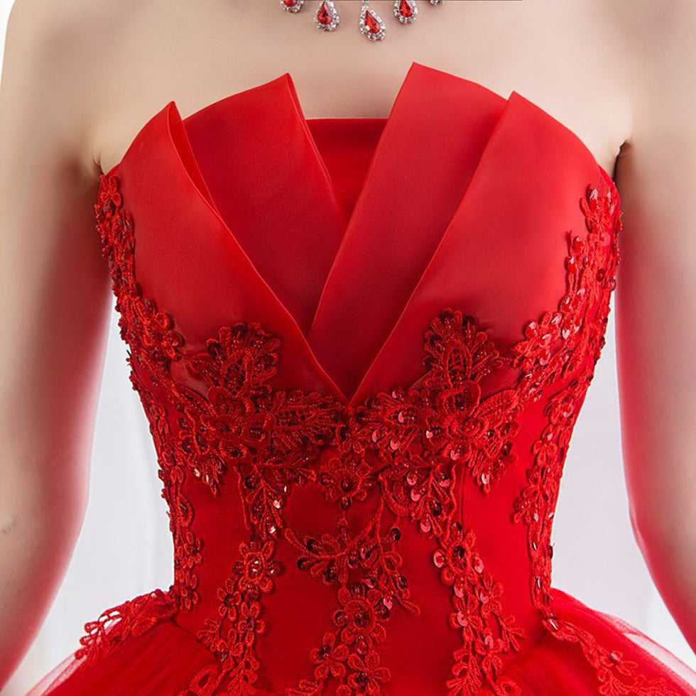 Charming Strapless Red Ball Gown Long Satin Sweet 16 Dresses C8256