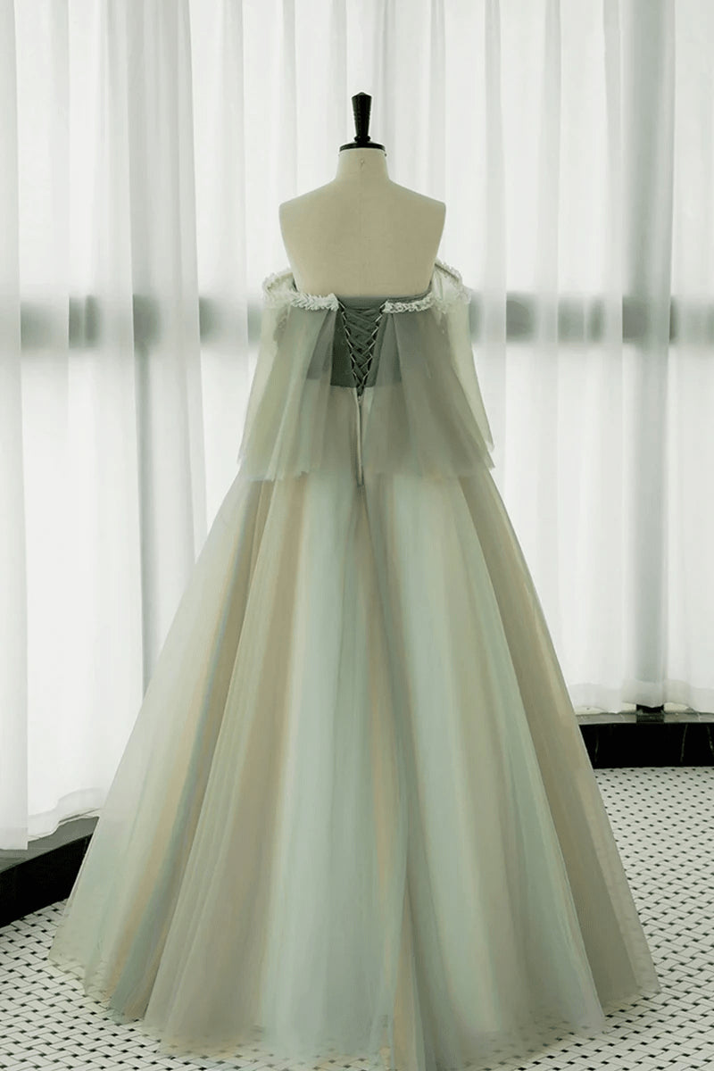 Light Green Straps A-line Tulle with Lace Floor Length Party Dress, Light Green Prom Dress
