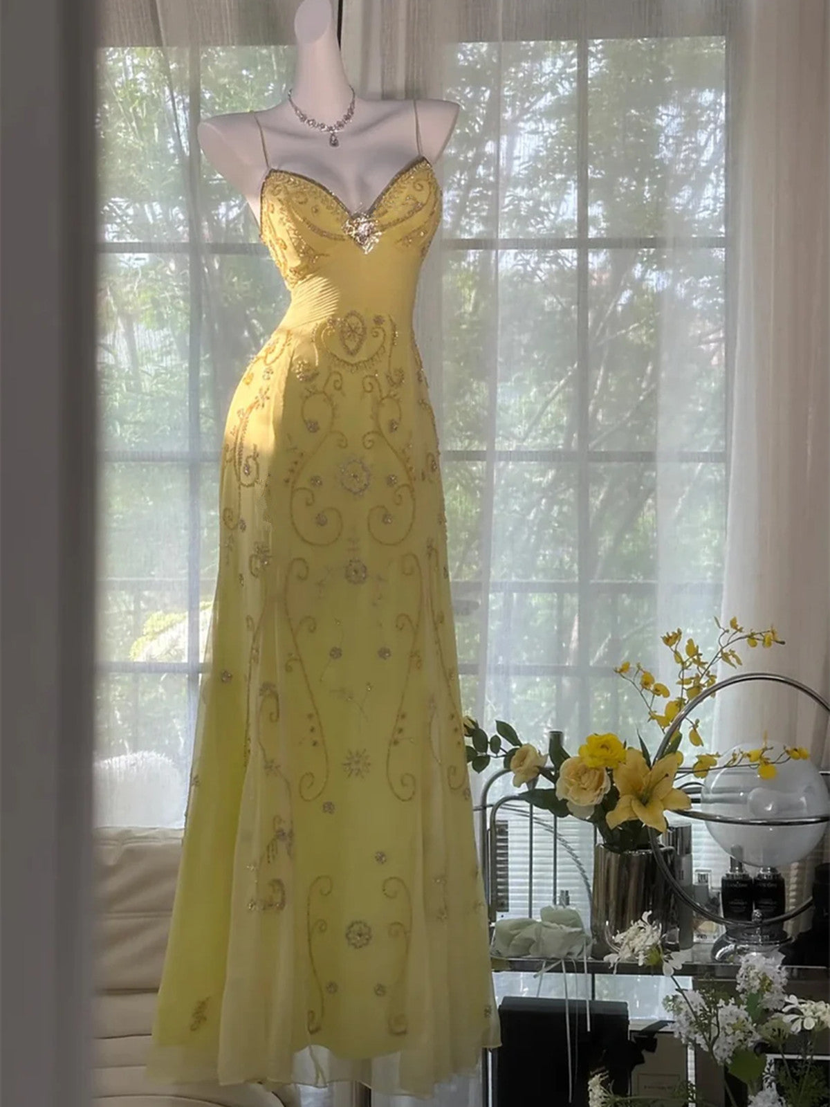 cache yellow prom dress VINTAGE cache yellow hand beaded prom dress in