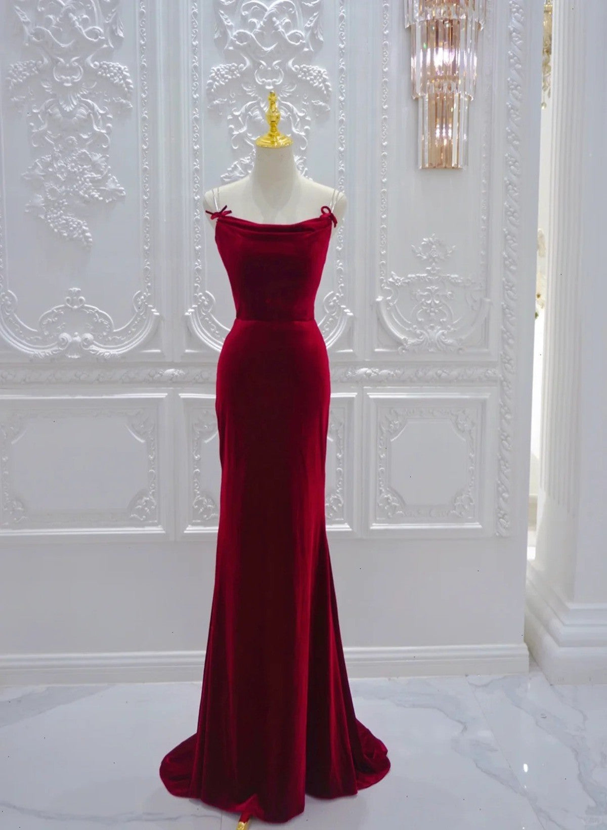 red velvet mermaid dress Beautiful Wine Red Velvet Mermaid Straps Long Evening Dress, Dark Red Velvet Formal Dress