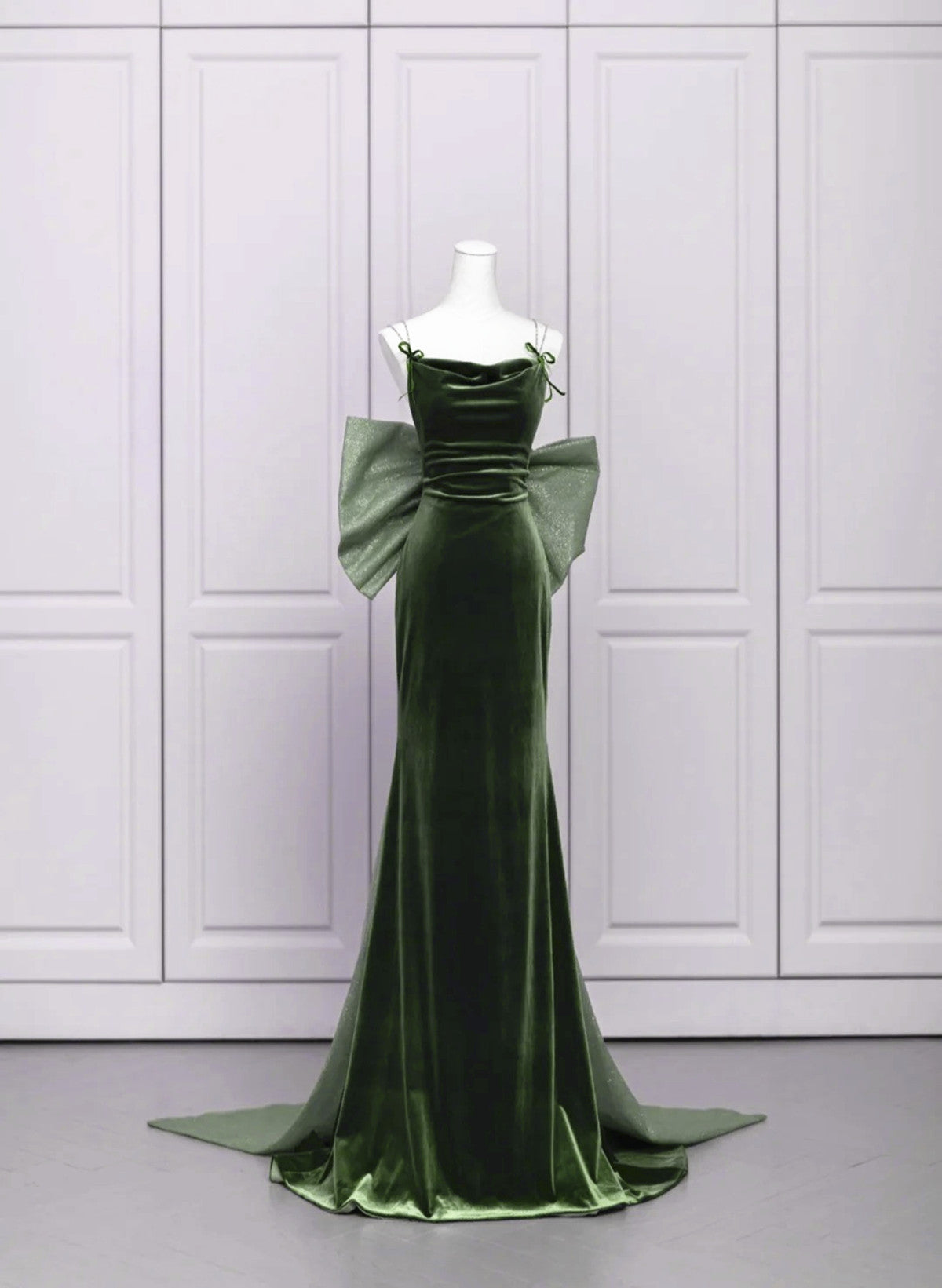 Green Velvet Straps Low Back Evening Dress, Green Velvet Prom Dress US size 10 / Green