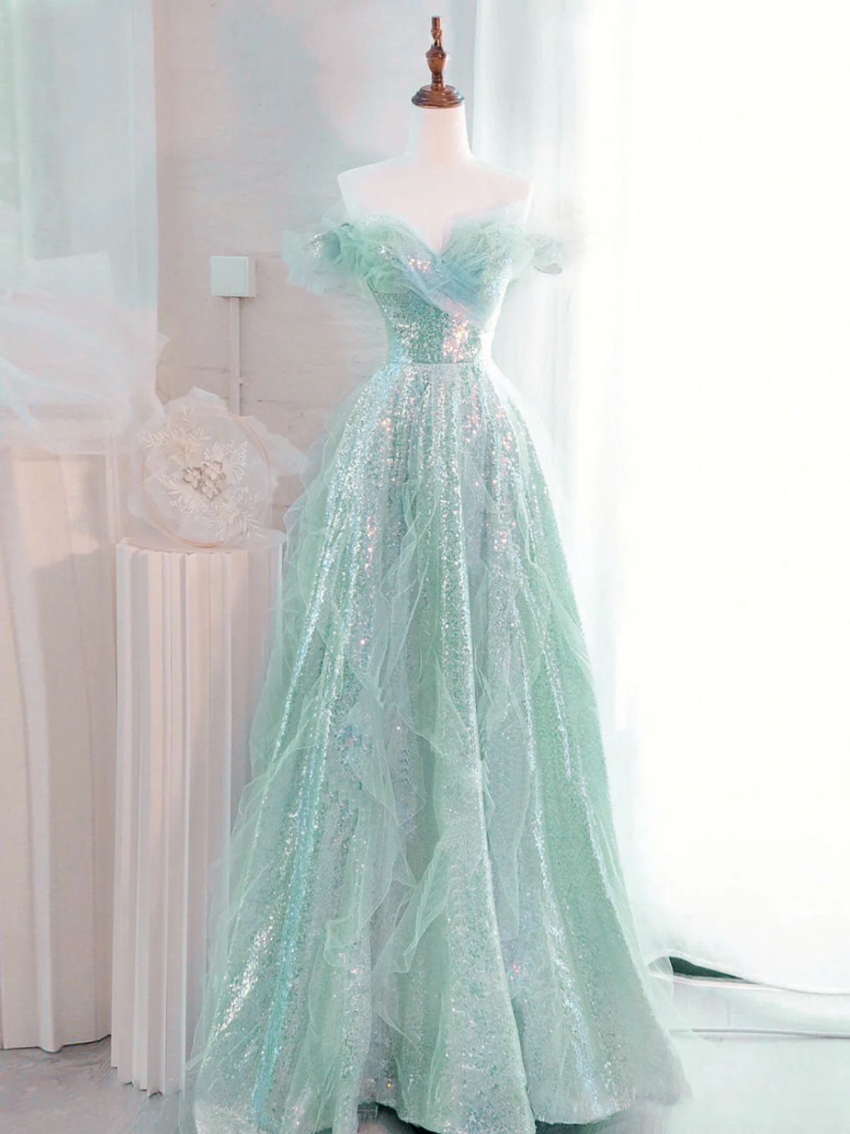 A-line Mint Green Tulle and Sequins Long Prom Dress, Mint Green Tulle –  BeautyDressy