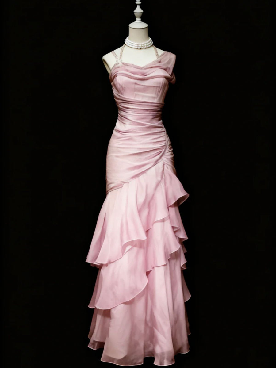 Chic Pink Ruffle Floor Length Evening Dress Prom Dress, Pink Charming ...