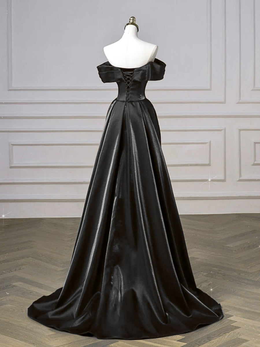 Black Satin Off Shoulder Sweetheart Long Prom Dress, Black Satin A-lin ...