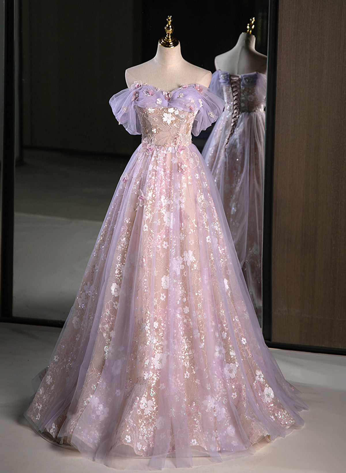 Light Purple A-line Tulle with Floral Long Prom Dress, Light Purple Ev