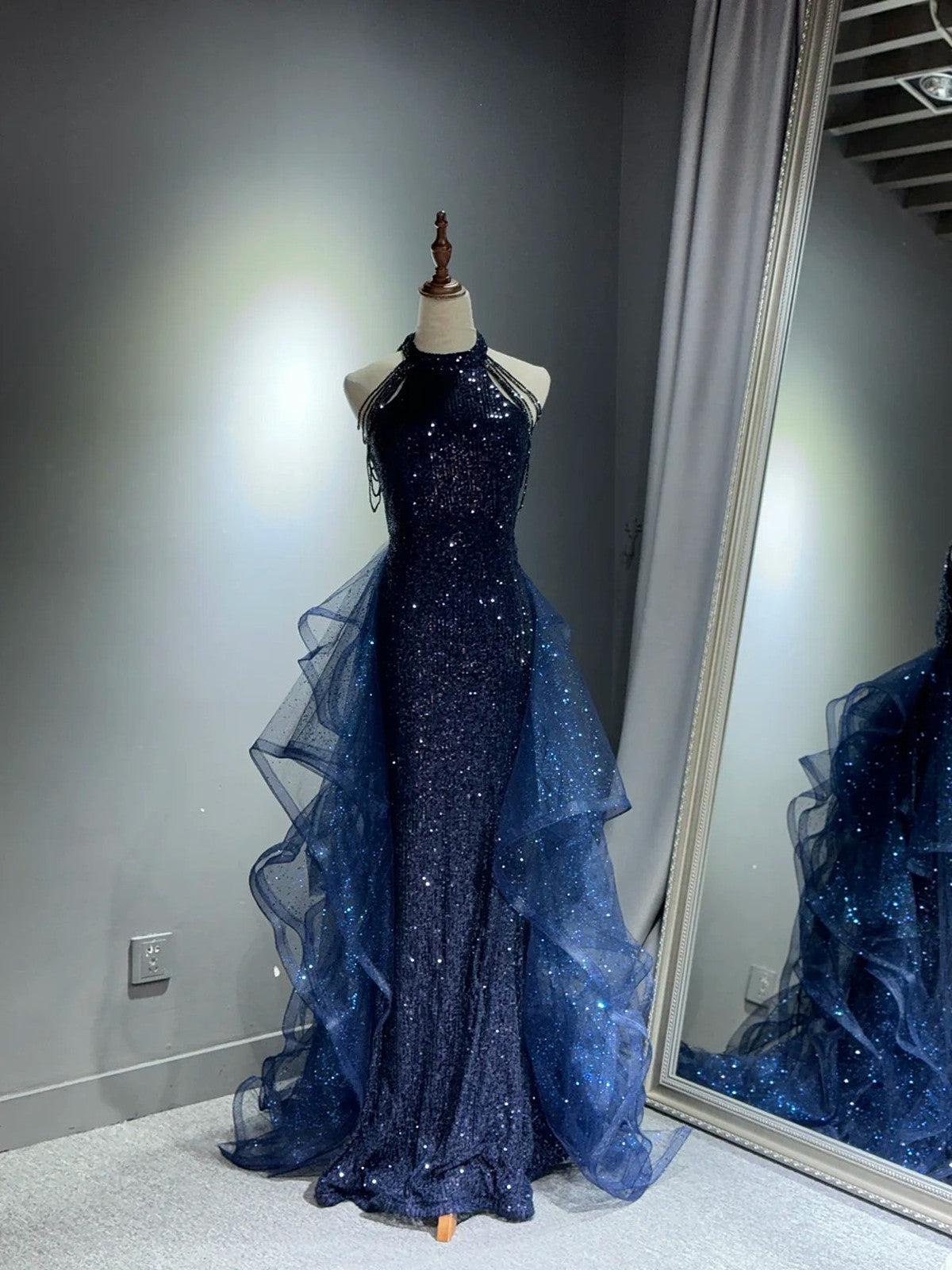 Chic Navy Blue Long Sequins With Tulle Party Dress, Navy Blue Prom Dre –  BeautyDressy