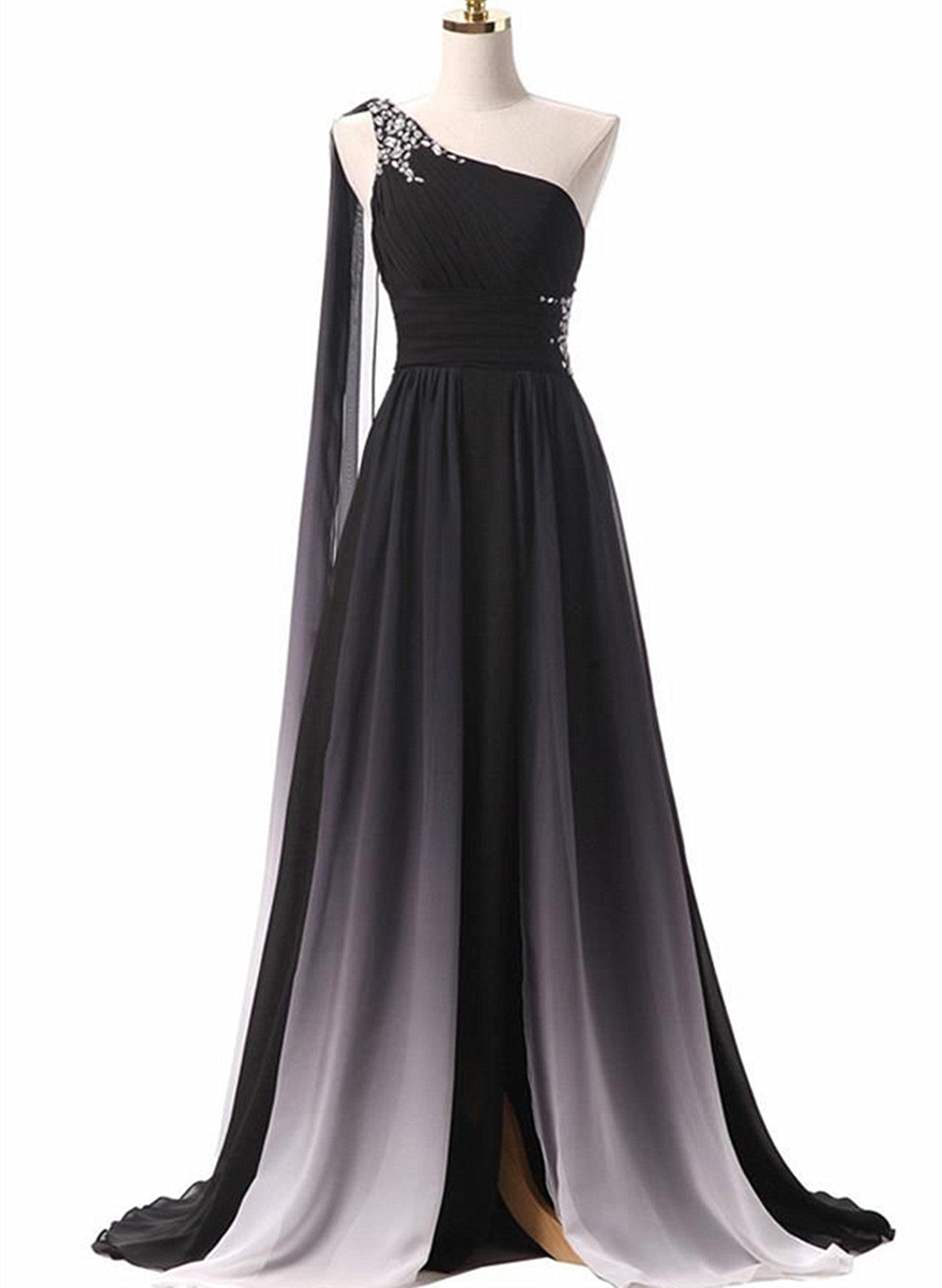 Chiffon A-line Gradient One Shoulder Evening Dress, Chiffon Prom Dress Party Dress US size 8 / Black-White