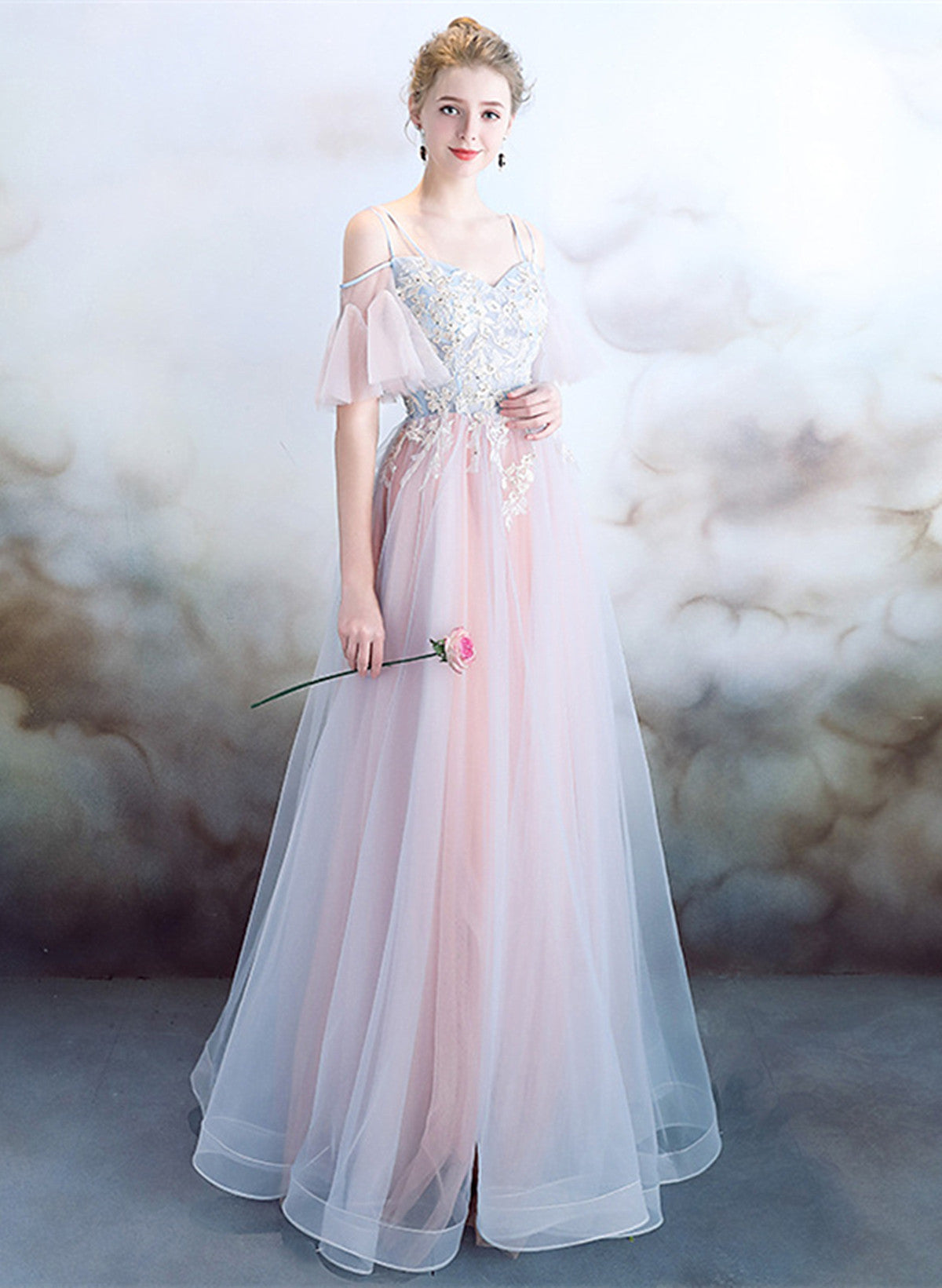 A-Line Off Shoulder Tulle Pink with Lace Applique Party Dress, Pink Tulle Formal Dress US Size 10 / Pink