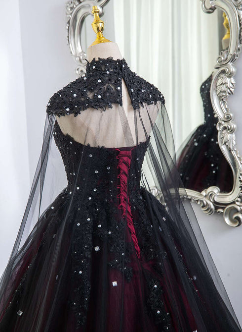 Ball Gown Black V Neck Tulle Velvet Sweet 16 Dress