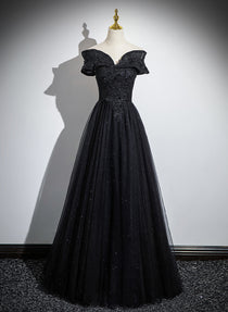 Black Off Shoulder Lace Tulle Long Prom Dress, Black Evening Dress main image 1