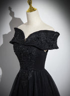 Two Pieces Off Shoulder Black Lace Beaded Tulle Long A-line Prom Dresses, WD0256