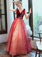 Niulatu A Line V Neckline Red Tulle Long Prom Dress Evening Dresses With Beads HZ1110 main image 0