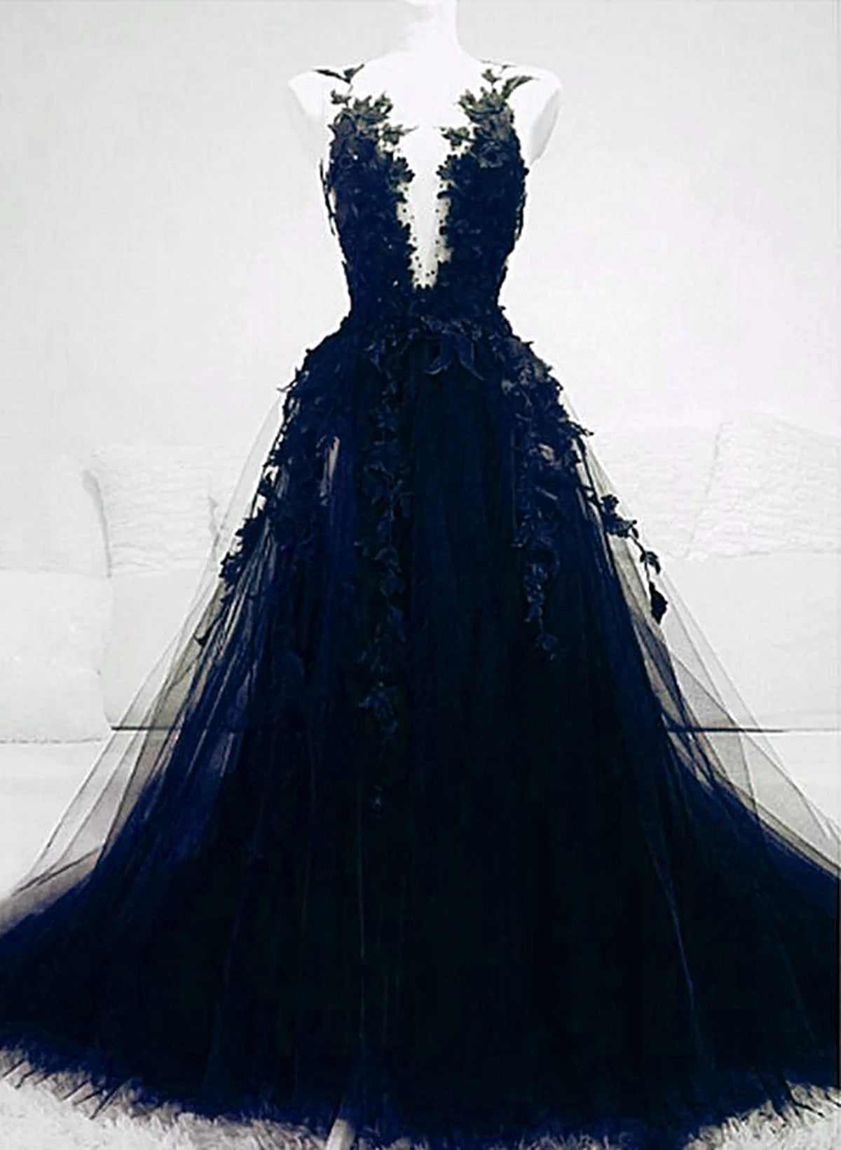 Dark Blue Tulle With Lace Long Evening Dress, A-line Dark Blue Prom Dr   BeautyDressy