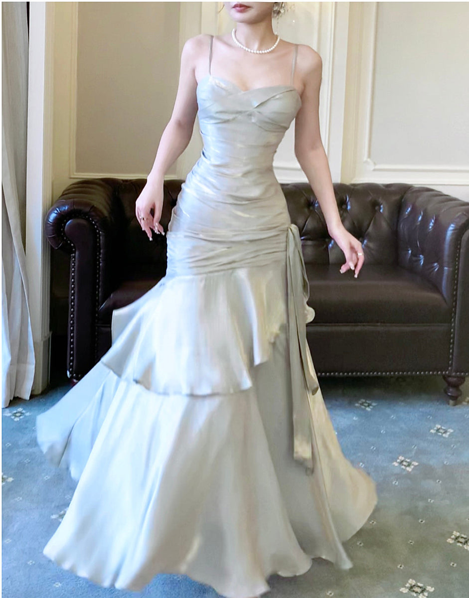 Fashion Silver Gray Satin Pleated High Slit Long Evening Dress Sexy Prom Dress