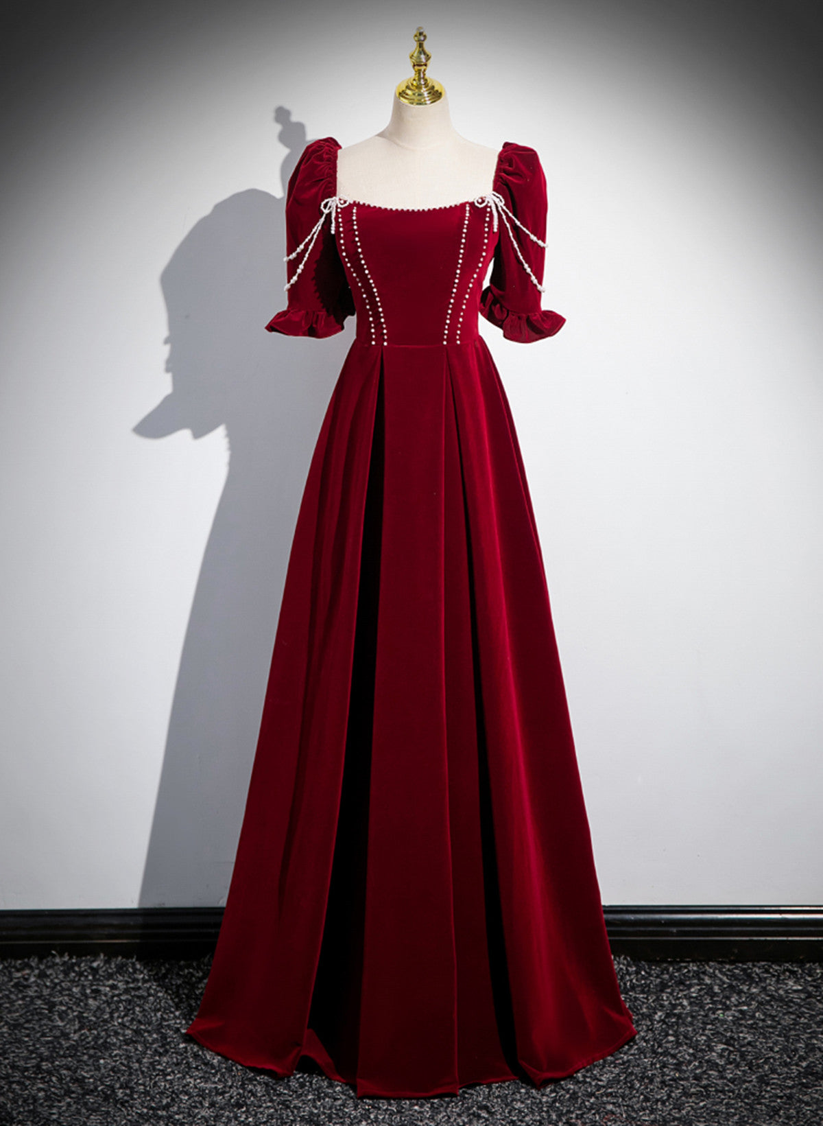 Lovely Wine Red Velvet Short Sleeves Formal Dress main image 1